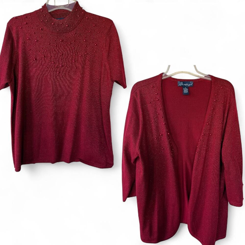 Susan Graver Red Shimmery Pearls Set Top and open Cardigan A+++